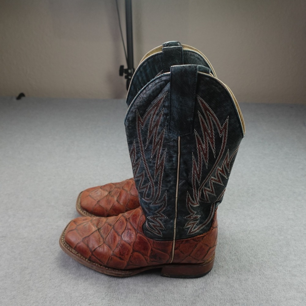Horse Power HP Boots Kids 4 Brown Blue Cowboy Western Square Toe Fish Scale